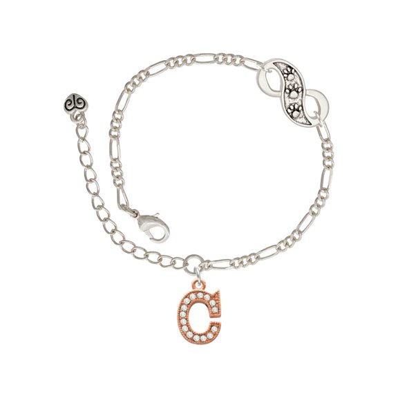 Delight Jewelry Rose Goldtone Crystal Initial - C - Silver-tone Paw Infinity Link Chain Bracelet, 6"+2" Extender