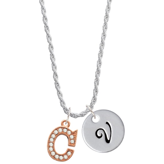Delight Jewelry Rose Goldtone Crystal Initial - C - Silvertone Script Initial Disc - V - Charm Necklace, 20"+3"