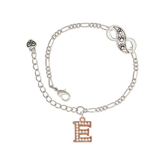Delight Jewelry Rose Goldtone Crystal Initial - E - Silver-tone Paw Infinity Link Chain Bracelet, 6"+2" Extender