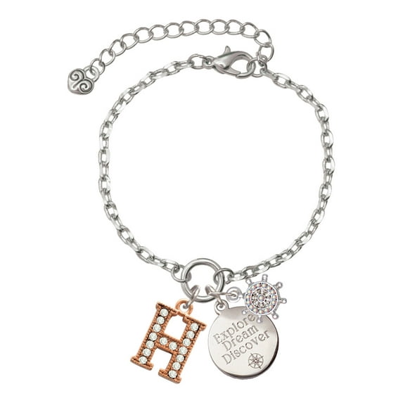 Delight Jewelry Rose Goldtone Crystal Initial - H - Silvertone Discover Dream Explore Zoey Charm Bracelet, 6.5+2" Extender