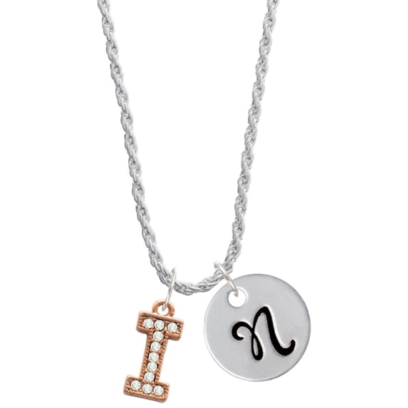 Delight Jewelry Rose Goldtone Crystal Initial - I - Silvertone Script Initial Disc - N - Charm Necklace, 20"+3"