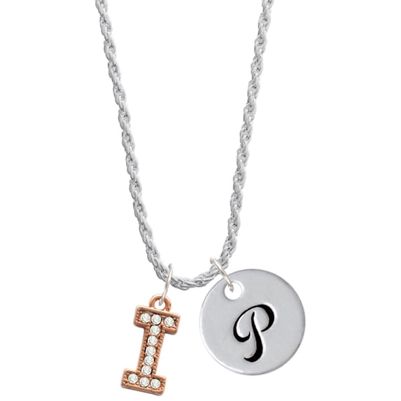 Delight Jewelry Rose Goldtone Crystal Initial - I - Silvertone Script Initial Disc - P - Charm Necklace, 20"+3"