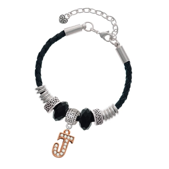 Delight Jewelry Rose Goldtone Crystal Initial - J - Best Friend Celtic Knot Leather Bead Bracelet, 7"+2" Extender