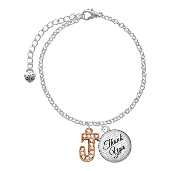 Delight Jewelry Rose Goldtone Crystal Initial - J - Domed Thank You Charm Bracelet, 6"+2"