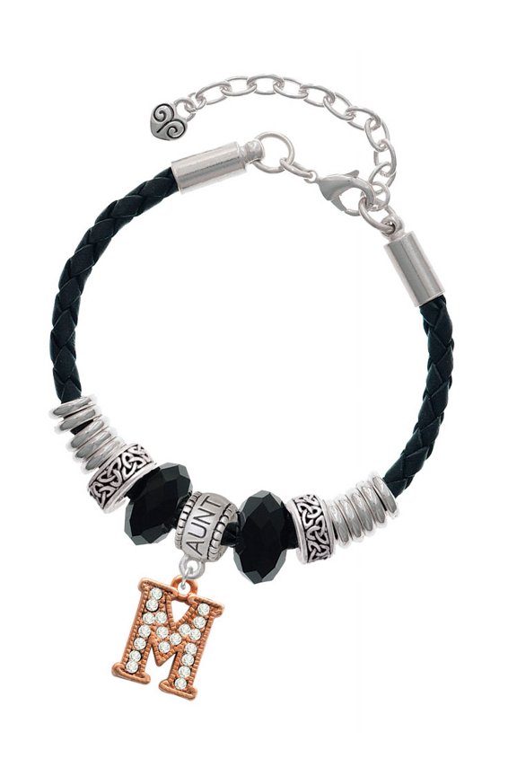 Rose Goldtone Crystal Initial - M - Aunt Celtic Knot Leather Bead Bracelet, 7"+2" Extender