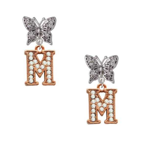Delight Jewelry Rose Goldtone Crystal Initial - M - Silvertone Antiqued Butterfly Post Earrings