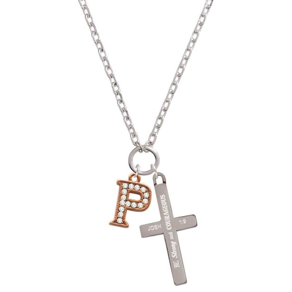 Delight Jewelry Rose Goldtone Crystal Initial - P - Be Strong and Courageous Engraved Cross Zoey Necklace, 28"