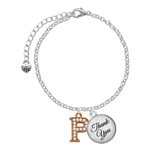 Delight Jewelry Rose Goldtone Crystal Initial - P - Domed Thank You Charm Bracelet, 6"+2"