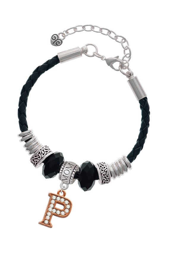 Rose Goldtone Crystal Initial - P - Mom Celtic Knot Leather Bead Bracelet, 7"+2" Extender