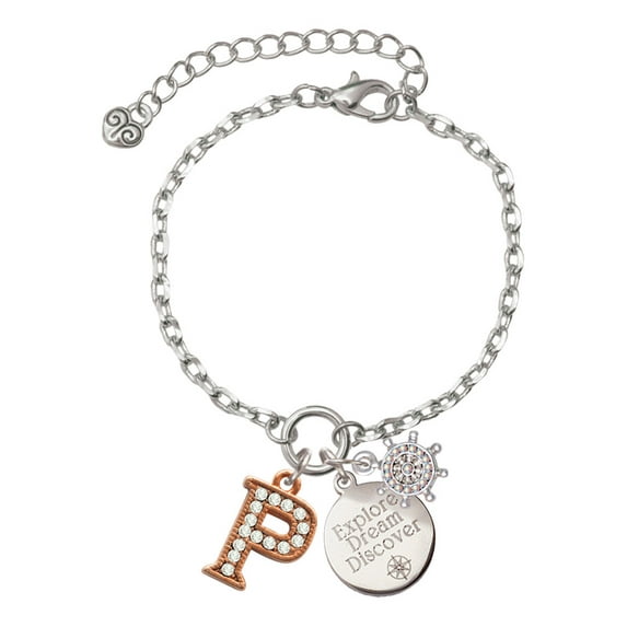Delight Jewelry Rose Goldtone Crystal Initial - P - Silvertone Discover Dream Explore Zoey Charm Bracelet, 6.5+2" Extender