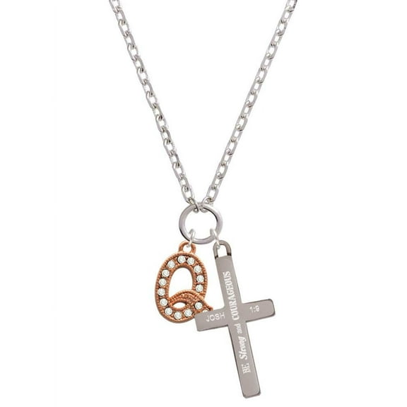 Delight Jewelry Rose Goldtone Crystal Initial - Q - Be Strong and Courageous Engraved Cross Zoey Necklace, 28"