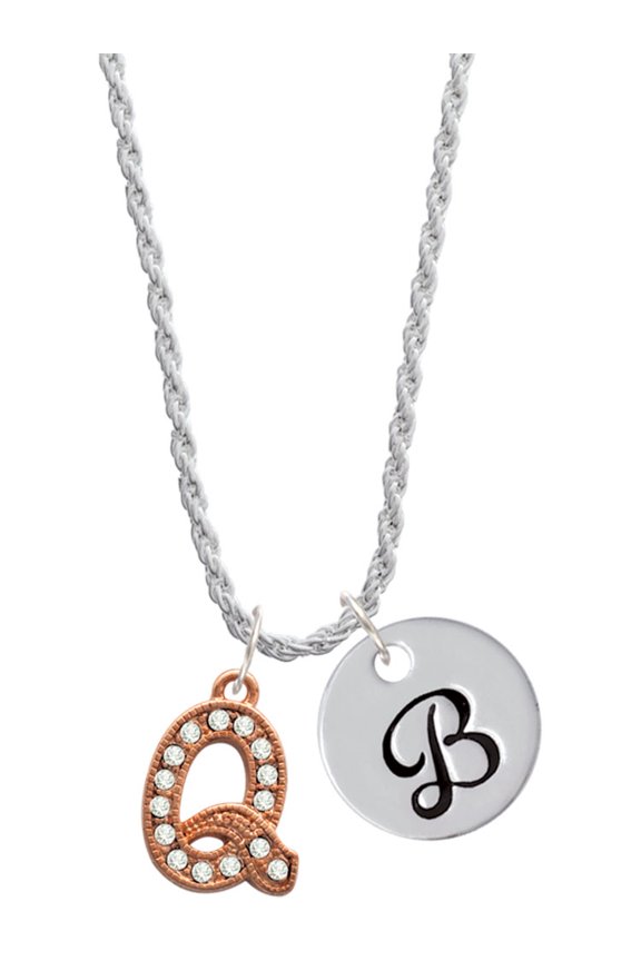 Rose Goldtone Crystal Initial - Q - Silvertone Script Initial Disc - B - Charm Necklace, 20"+3"