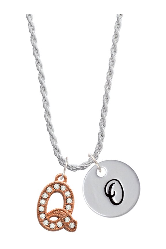 Rose Goldtone Crystal Initial - Q - Silvertone Script Initial Disc - O - Charm Necklace, 20"+3"