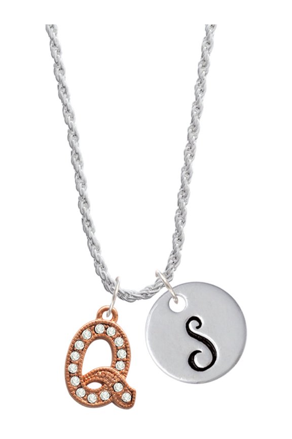 Rose Goldtone Crystal Initial - Q - Silvertone Script Initial Disc - S - Charm Necklace, 20"+3"