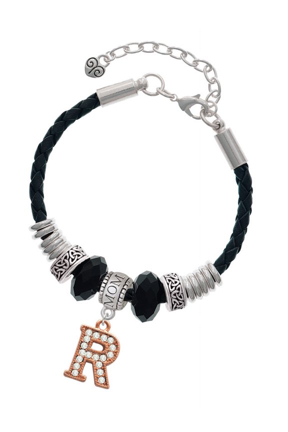 Rose Goldtone Crystal Initial - R - Mom Celtic Knot Leather Bead Bracelet, 7"+2" Extender