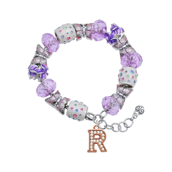 Delight Jewelry Rose Goldtone Crystal Initial - R - Purple Butterfly Bead Charm Bracelet, 7"+1" Extender