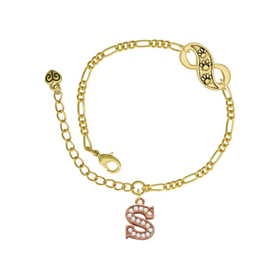 Delight Jewelry Rose Goldtone Crystal Initial - S - Gold-tone Paw Infinity Link Chain Bracelet, 6"+2" Extender