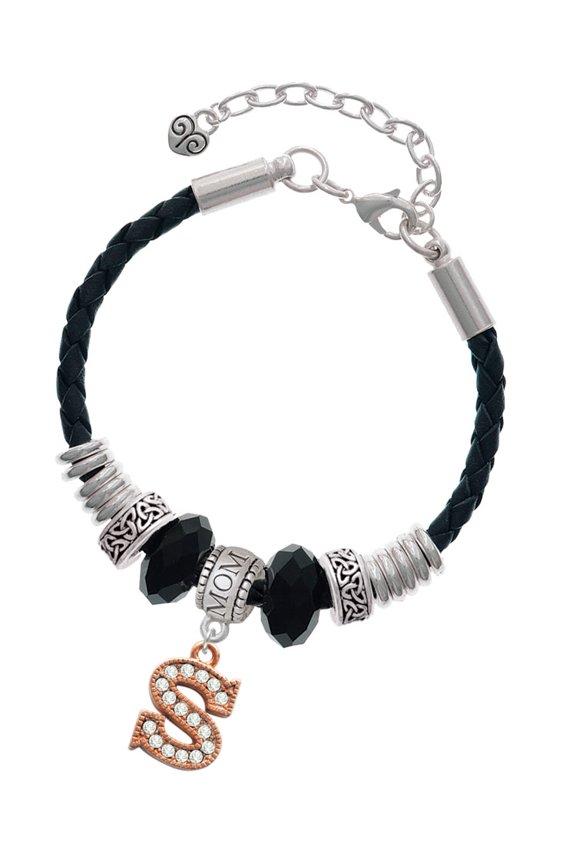 Rose Goldtone Crystal Initial - S - Mom Celtic Knot Leather Bead Bracelet, 7"+2" Extender
