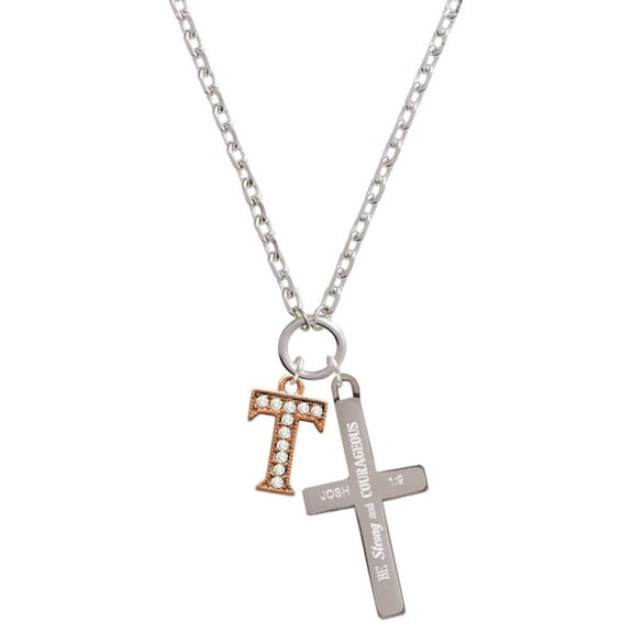 Delight Jewelry Rose Goldtone Crystal Initial - T - Be Strong and Courageous Engraved Cross Zoey Necklace, 28"