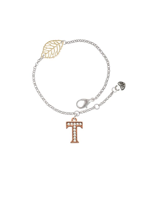Rose Goldtone Crystal Initial - T - - Goldtone Leaf Delicate Bracelet, 6.25+1.75"