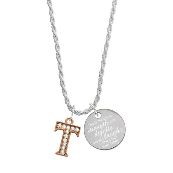 Delight Jewelry Rose Goldtone Crystal Initial - T - She is Clothed in Stength and Dignity Charm Necklace, 20"+3"