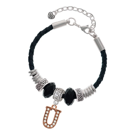 Delight Jewelry Rose Goldtone Crystal Initial - U - Aunt Celtic Knot Leather Bead Bracelet, 7"+2" Extender