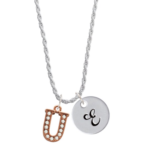 Delight Jewelry Rose Goldtone Crystal Initial - U - Silvertone Script Initial Disc - E - Charm Necklace, 20"+3"