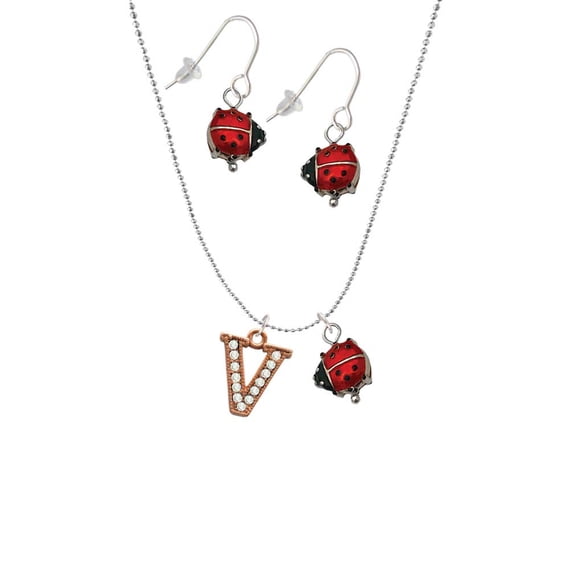 Delight Jewelry Rose Goldtone Crystal Initial - V - Red Lucky Ladybug Necklace and Dangle Earrings Set