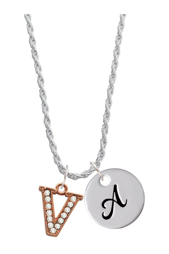 Rose Goldtone Crystal Initial - V - Silvertone Script Initial Disc - A - Charm Necklace, 20"+3"