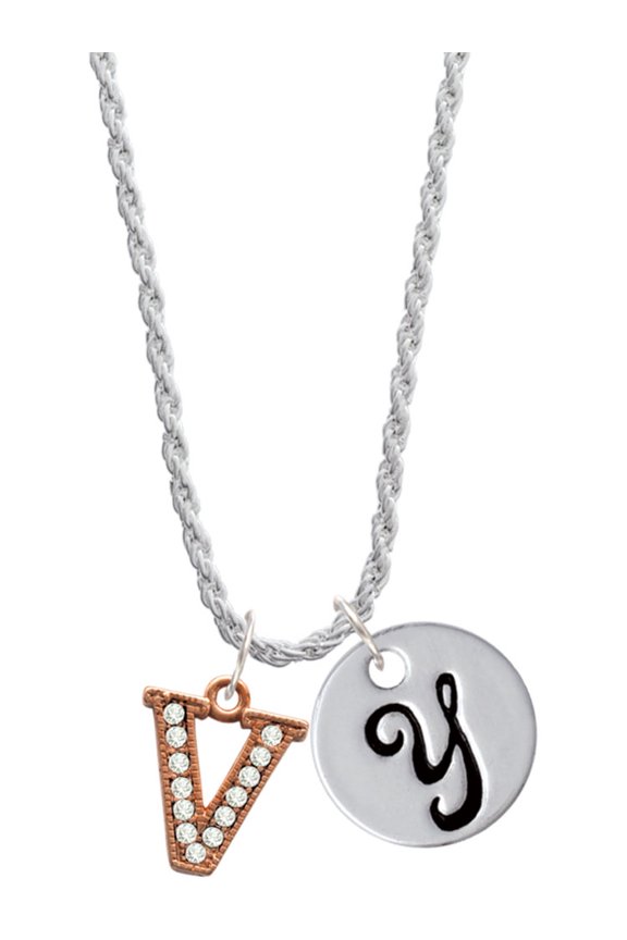 Rose Goldtone Crystal Initial - V - Silvertone Script Initial Disc - Y - Charm Necklace, 20"+3"
