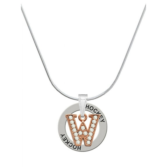 Delight Jewelry Rose Goldtone Crystal Initial - W - Hockey Ring Charm Necklace, 18"