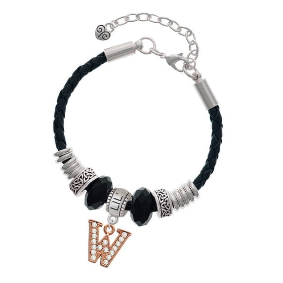Delight Jewelry Rose Goldtone Crystal Initial - W - Lil Sister Celtic Knot Leather Bead Bracelet, 7"+2" Extender