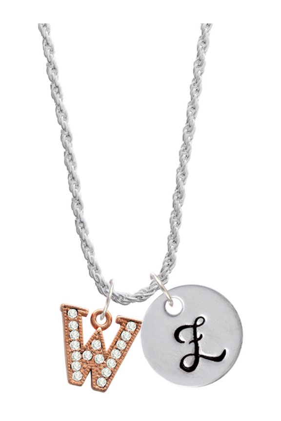Rose Goldtone Crystal Initial - W - Silvertone Script Initial Disc - Z - Charm Necklace, 20"+3"