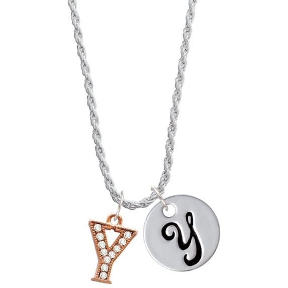 Delight Jewelry Rose Goldtone Crystal Initial - Y - Silvertone Script Initial Disc - Y - Charm Necklace, 20"+3"
