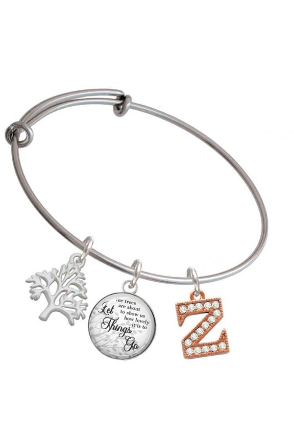 Rose Goldtone Crystal Initial - Z - Silvertone Let Things Go Tree Charm Bangle Bracelet