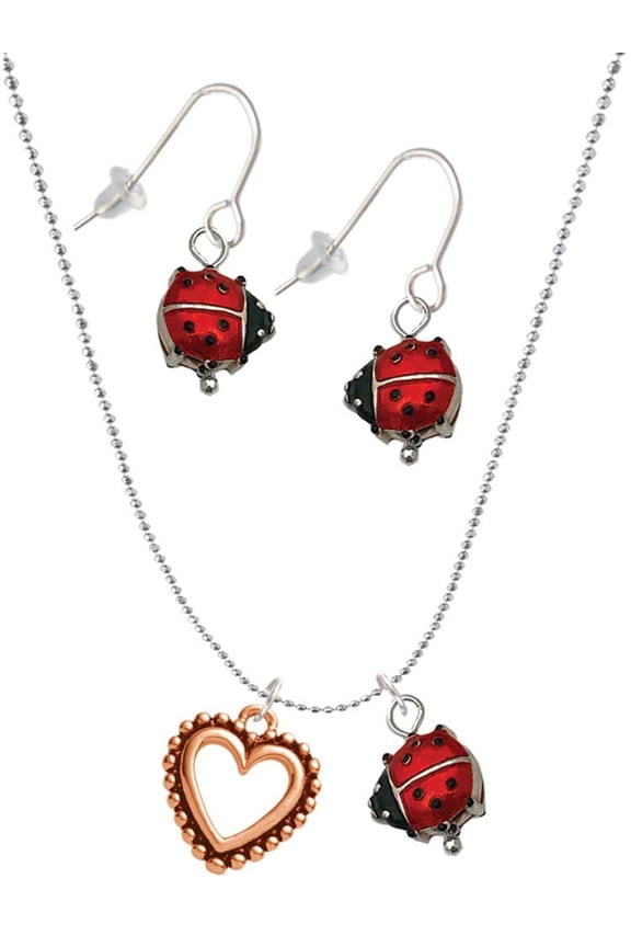 Rose Goldtone Open Heart Red Lucky Ladybug Necklace and Dangle Earrings Set
