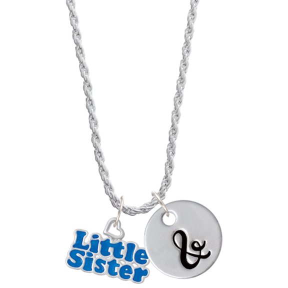 Delight Jewelry Royal Blue ''Little Sister'' with Heart Silvertone Script Initial Disc - & - Charm Necklace, 20"+3"