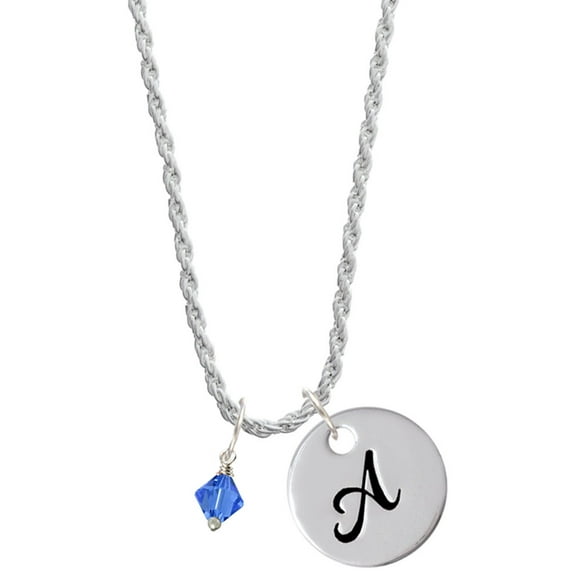 Delight Jewelry September - Blue Crystal Bicone Silvertone Script Initial Disc - A - Charm Necklace, 20"+3"