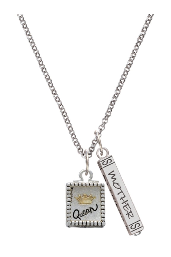 Shadow Box ''Queen'' with Goldtone Crown Silvertone Mother Daughter Bar Charm Necklace, 23"