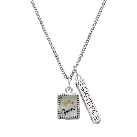 Delight Jewelry Shadow Box ''Queen'' with Goldtone Crown Silvertone Sisters Best Friends Forever Bar Charm Necklace, 23"