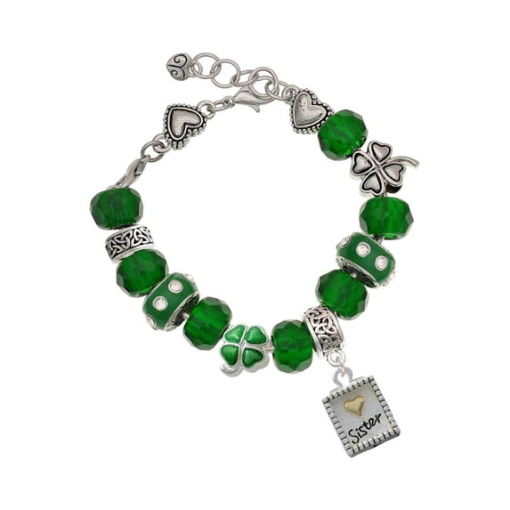 Delight Jewelry Shadow Box ''Sister'' with Goldtone Heart - Green Irish Luck Bead Charm Bracelet, 7.5"