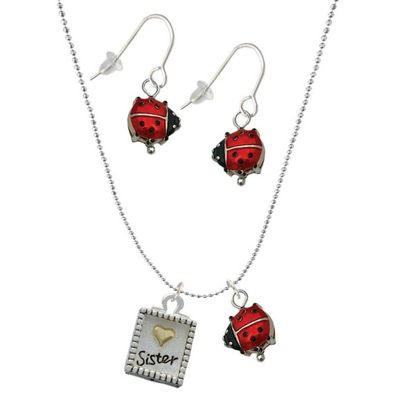 Delight Jewelry Shadow Box ''Sister'' with Goldtone Heart Red Lucky Ladybug Necklace and Dangle Earrings Set