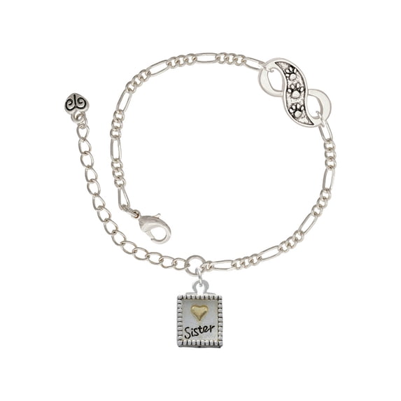 Delight Jewelry Shadow Box ''Sister'' with Goldtone Heart Silver-tone Paw Infinity Link Chain Bracelet, 6"+2" Extender