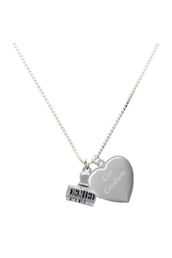 Silver Plated 3-D ''Denied'' Stamp - Engraved Cor Cordium Heart Locket Necklace, 17.5"+2" Extender