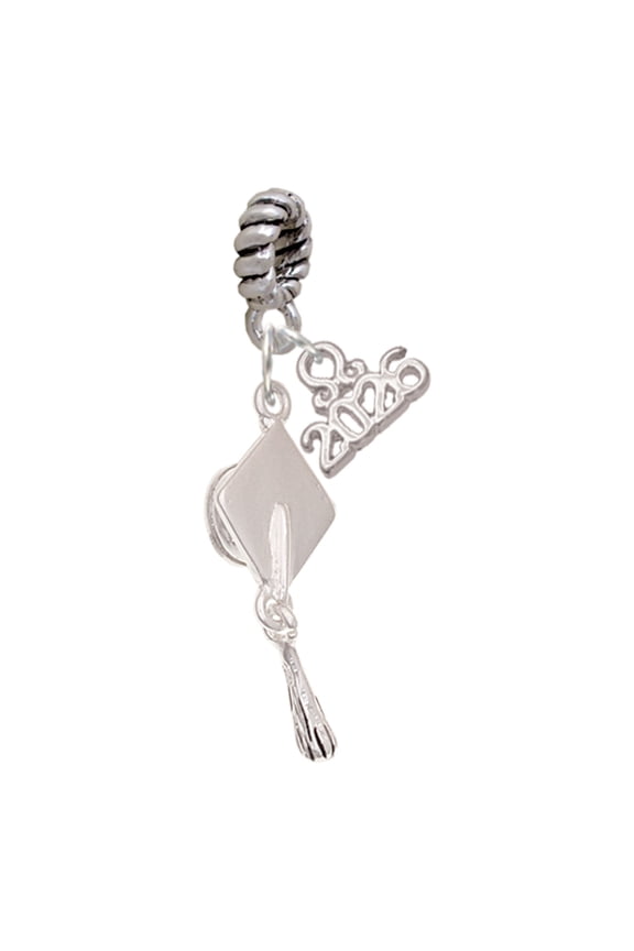 Silver Plated 3-D Graduation Hat - Rope Charm Bead Dangle with Mini 2026
