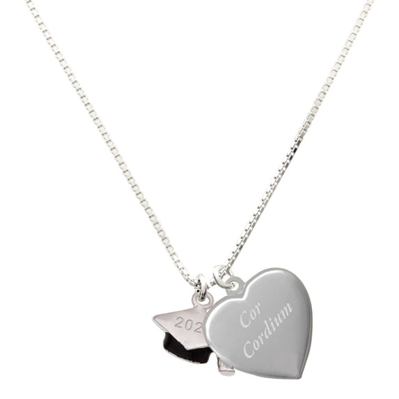 Delight Jewelry Silver Plated 3-D Graduation Hat with 2026 - Engraved Cor Cordium Heart Locket Necklace, 17.5"+2" Extender