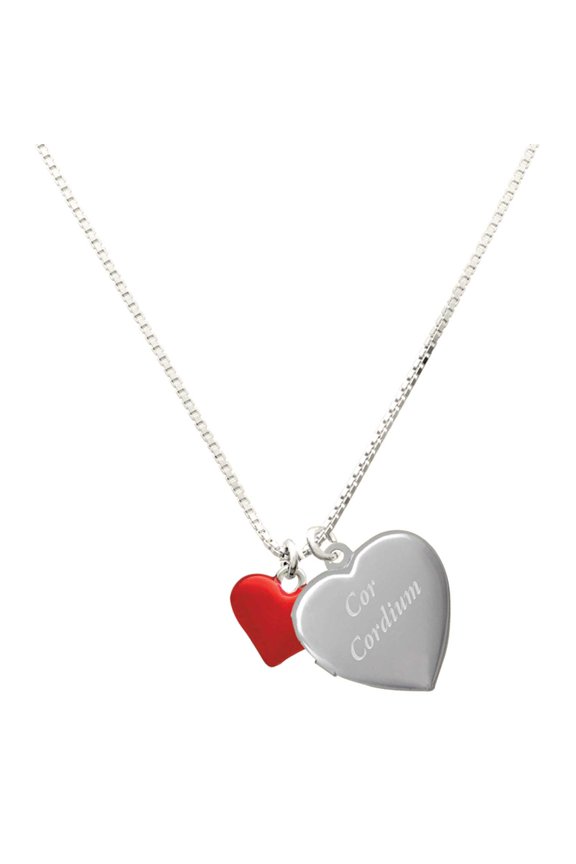 Silver Plated 3-D Translucent Red Puff Heart - Engraved Cor Cordium Heart Locket Necklace, 17.5"+2" Extender