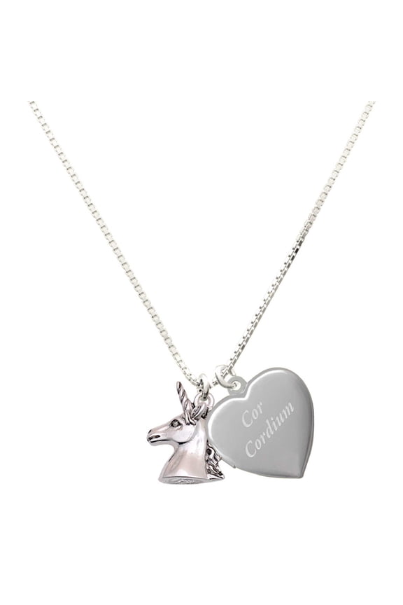 Silver Plated 3-D Unicorn Head - Engraved Cor Cordium Heart Locket Necklace, 17.5"+2" Extender