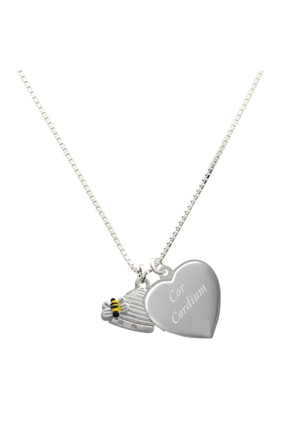 Silver Plated Beehive with 2 Bumble Bees - Engraved Cor Cordium Heart Locket Necklace, 17.5"+2" Extender