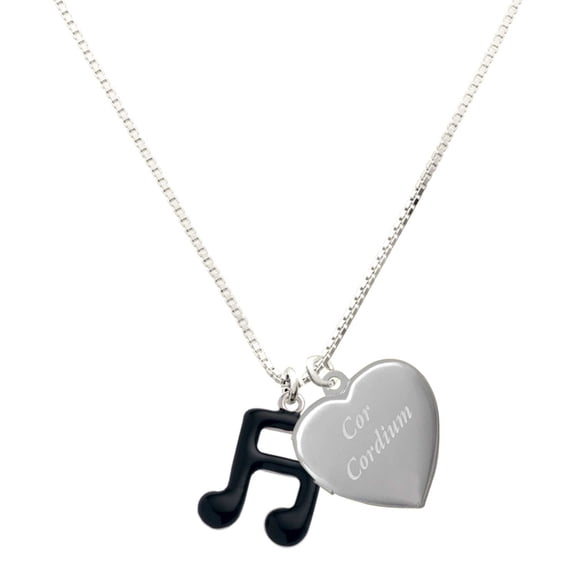 Delight Jewelry Silver Plated Black Beamed Eighth Notes Note - Engraved Cor Cordium Heart Locket Necklace, 17.5"+2" Extender